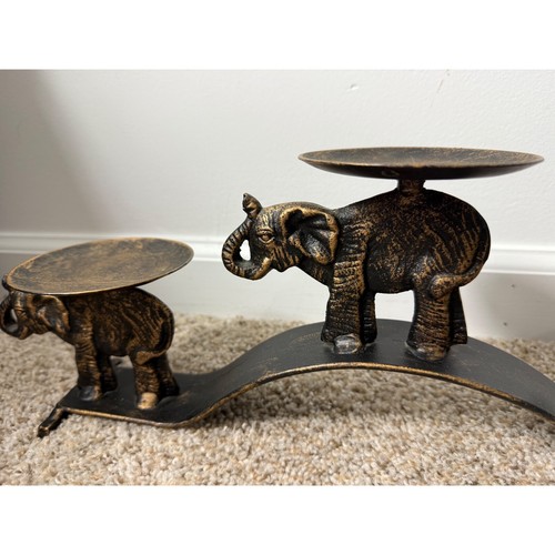 Candle Holder Brass Elephant trio Centerpiece Table Decor Bronze Finish 18" Long