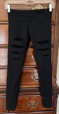 Nancy Rose Performance Black Plank 7/8 Legging size 4 fitted slits mesh distress
