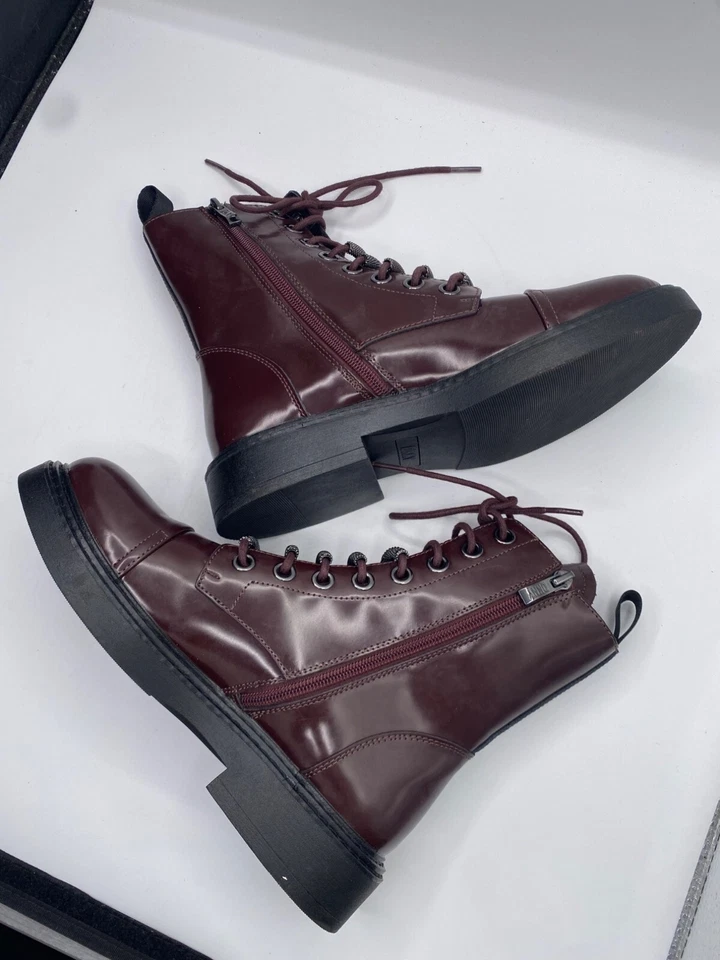 Botas de combate DKNY para mujer marrón malaya con cordones de cuero con cremallera talla 8M nuevas sin caja Foto 4 de 4