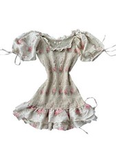 LOVESHACKFANCY Violet Rose Puff Sleeve Smocked Floral Mini Silk Dress M $495