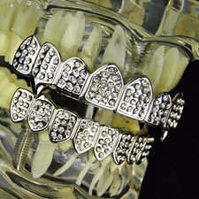 Vampire Fang Grillz Set 8 on Eight Teeth Iced Simulated CZ Bling Out Silver Tone