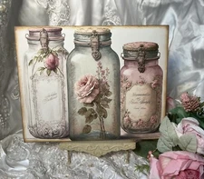 Shabby Chic Glass Jars Pink Roses French Country Cottage Handcrafted Plaque