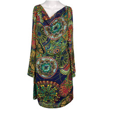 Nico LA Dress Womens Sz L Navy Blue Gold Chiffon Medallion Print Flowy