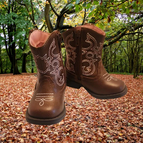 Brown Baby Girl Boots Size 6 Cowgirl Western Faux Leather Pink 12 TO 18 Months - Picture 1 of 17