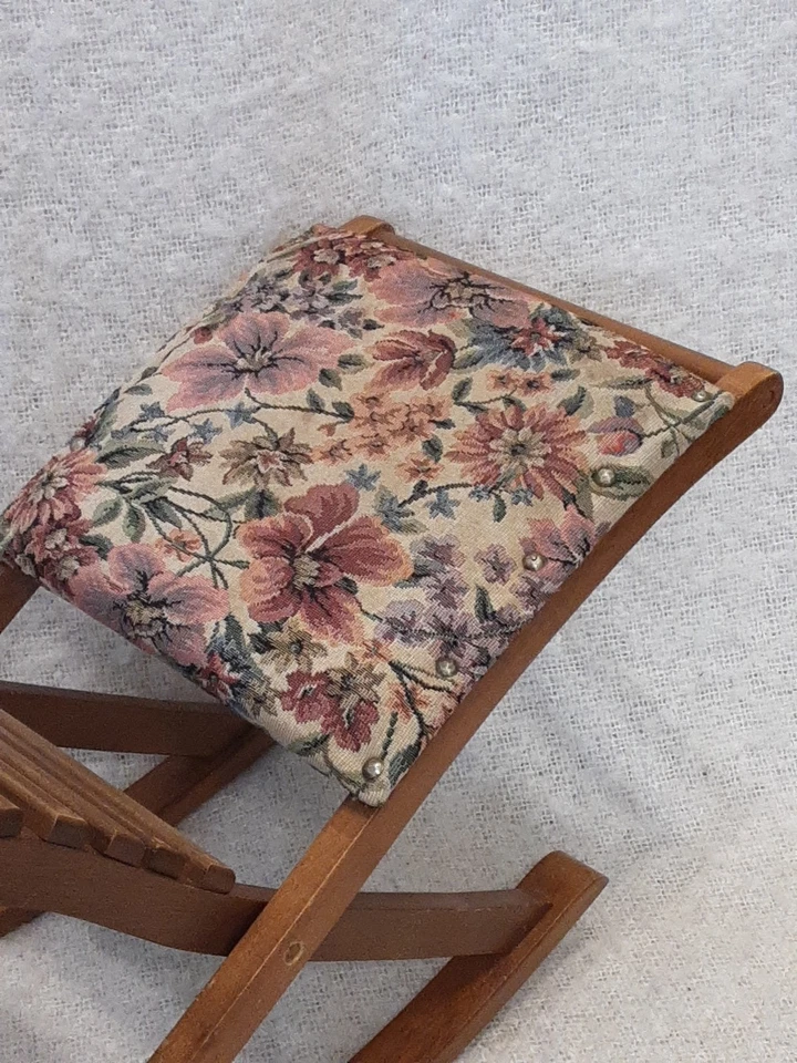 Vintage Wooden Footstool Foot Rest. Rocking. Tapestry. Slatted Cushioned.Studded - Image 3 of 4