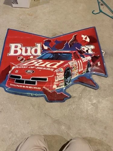 VTG BUDWEISER Metal Beer Bar Sign NASCAR Geoff Bodine #11 Bill Elliott Racing
