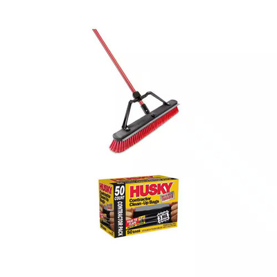 24 In. High Power Multi-Surface Squeegee Push Broom and 42 Gal. Contractor Bags