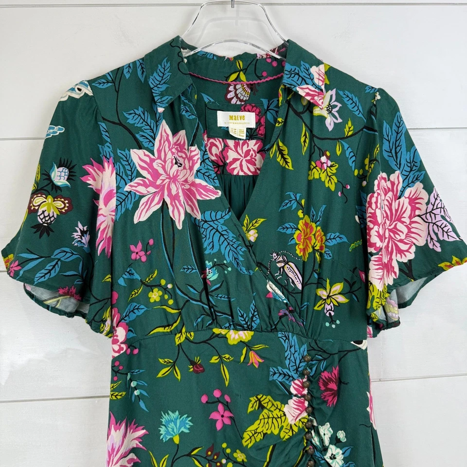 Maeve Anthropologie Green Floral Bird Button Ruched Midi Dress WOMEN 6 PETITE - Image 3 of 4