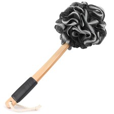 FORENEE Black Loofah on a Stick, PE Mesh Back Scrubber with Wood Handle