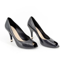 Chanel Black Leather Peep Toe Pumps Pearl CC Heel Size 38 US 7–7.5 Women's Heels