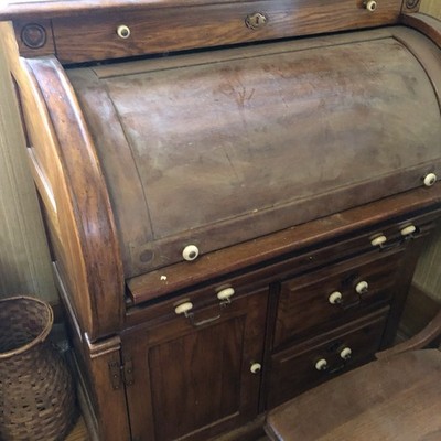 Antique Wood Roll Top Desk Brown Traditional with Drawers and Shelves