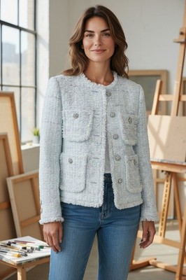 Handmade Light Blue Tweed Jacket With Crystal Buttons Size L,XL