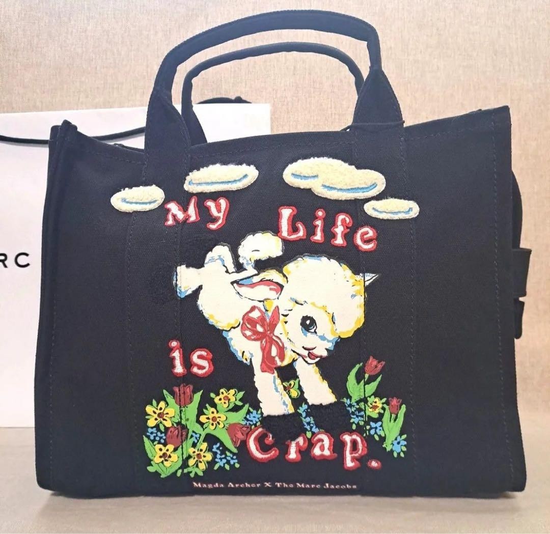 MARC JACOBS Magda Archer Collaboration Small Canvas Tote Bag Black Authentic