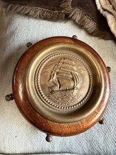 small vintage ships wheel wood brass wall plaque ship old