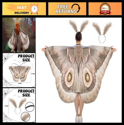 2 Pcs Halloween Moth Butterfly Wings Cape Costume with Feather Ant Headband - Wo