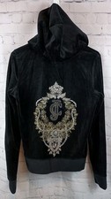 Vtg. Y2K Juicy Couture Black Velour Rhinestone Embellished Track Jacket, Sz. L