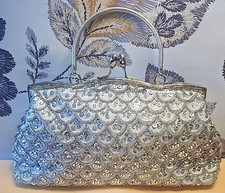 Vintage Silver Beaded Evening Bag Clutch Purse Handle Chain Strap