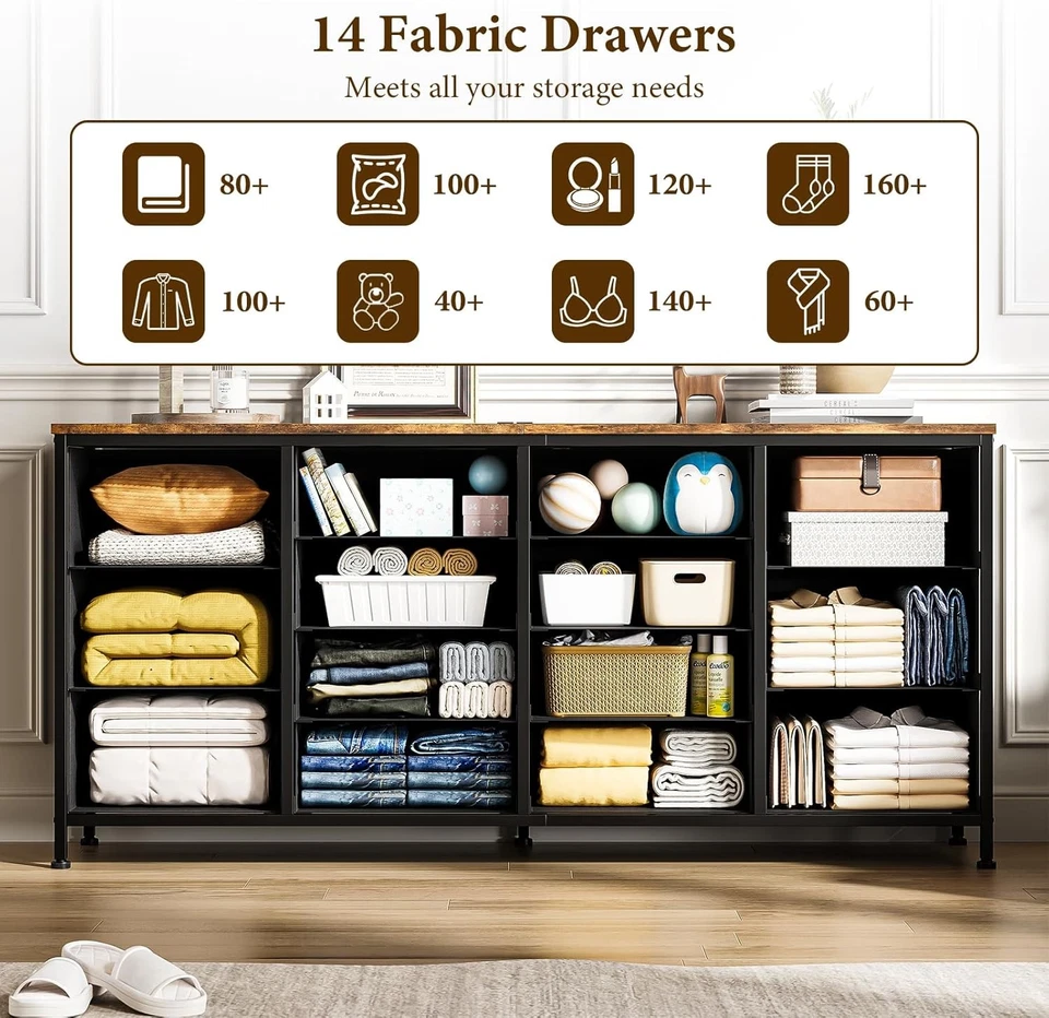 Cómoda de 63 pulgadas para dormitorio 14 cajones tocador de tela soporte de TV con toma de corriente Foto 3 de 4