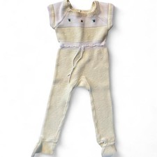 0-6 months newborn vintage yellow  white hand knit 70s jumpsuit one piece