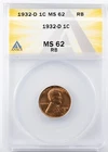 Certified 1932-D Lincoln Cent ANACS MS62 RB Wheat Penny 1c
