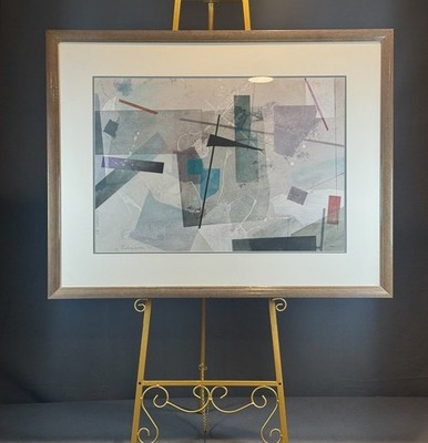 Large Vintage Abstract Geometric Painting Signed Canvas Mid Century Modern