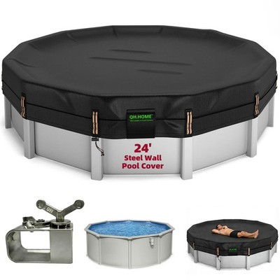 Pool Cover 24 FT Round Above Ground Tear Proof Steel Wall Black Led QH.HOME 550D