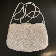 White Satin  Beaded Evening Purse, Zipper Beaded Shoulder Strap 8  X 6    