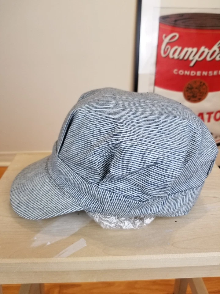 VINTAGE 50' UNBRANDED RAILROAD ENGINEER STRIPED HICKORY HAT SZ 7 1/2 - Image 2 of 4