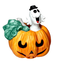Halloween Lighted Pumpkin W Ghost Decor 1993 Hand Painted Porcelain Home Decor