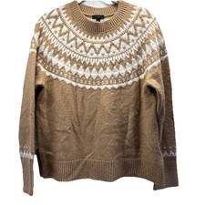 Talbots Womens Sweater Sz MP Petite Brown Ivory Wool blend Long Sleeve Fair isle