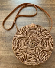 Village Thrive Boho Woven Rattan 8" Round Leather Crossbody Shoulder Bag Lined