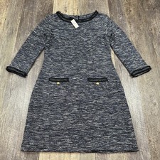 Talbots Petite Tweed Knit Shift A-Line Dress Blue Gold Buttons 3/4 Sleeve Sz 4P