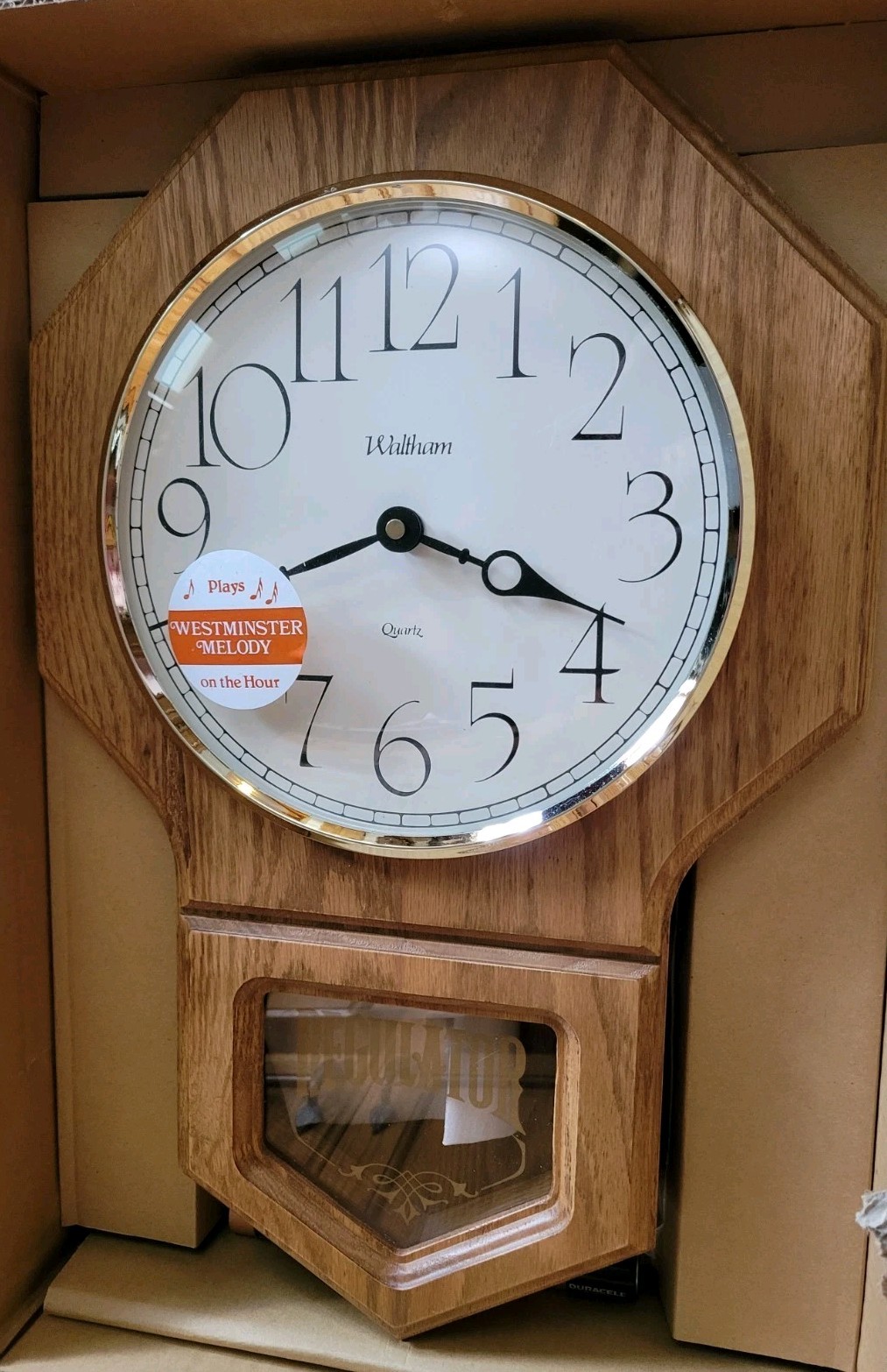 NEW Vintage Waltham Quartz Regulator Wall Clock Oak Case Pendulum Battery