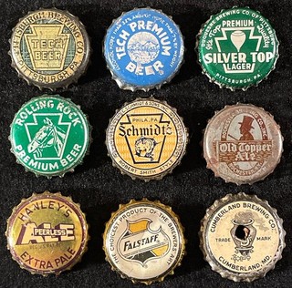 9 CORK BEER BOTTLE CAP TECH SILVER TOP ROLLING ROCK SCHMIDT'S TIGER ALE HANLEY'S