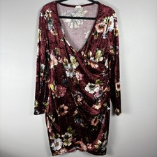 Women's 2XL Burgundy Velvet Floral Ruched Deep V Neck Long Sleeve Bodycon Dress