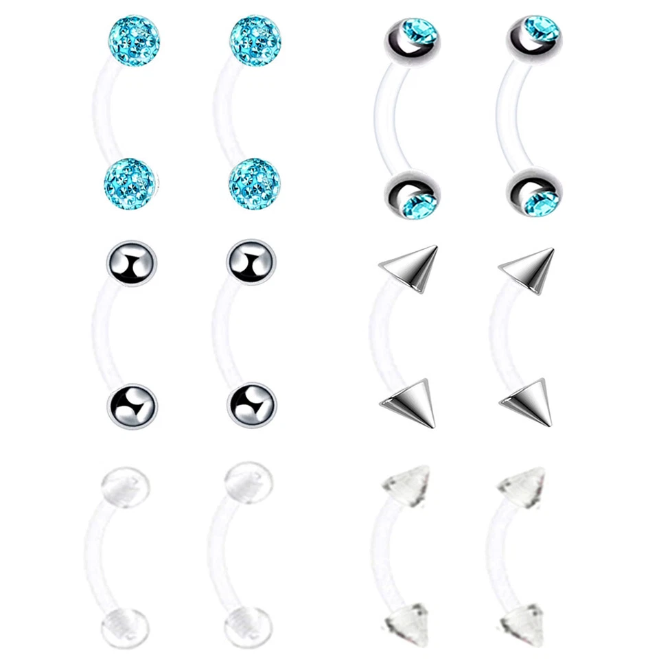12pc Set Steel Crystal Barbell Curve Eyebrow Ring Flexible Ear Tongue Bar 8/10mm - Image 3 of 3