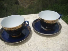 IMPERIAL RUSSIAN LFZ LOMONOSOV PORCELAIN COBALT PAIR TEA CUP AND SAUCER 22K GOLD