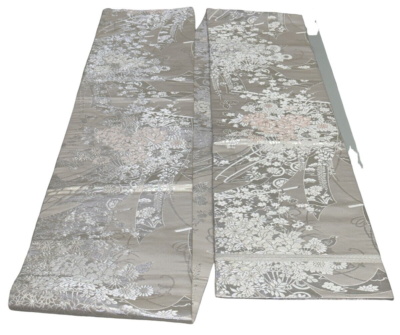まる　 Japanese Vintage Kimono Maru Obi silk Silver Embroidery Reversible