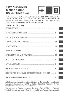 1987 Chevrolet Monte Carlo Maintenance & Owner's Manual – Bishko Autobooks, 128 Pages