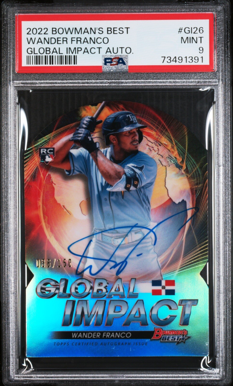 WANDER FRANCO 2022 BOWMAN’S BEST GLOBAL IMPACT AUTO PSA MINT 9 ROOKIE CARD /150