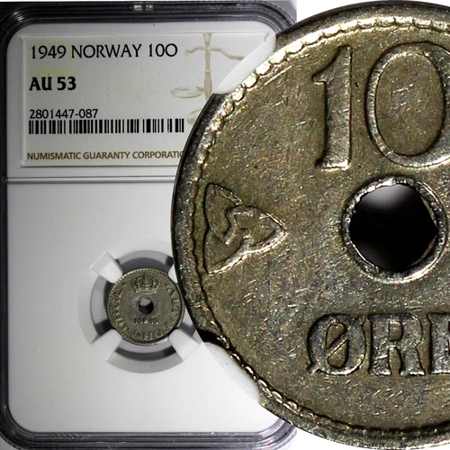 NORWAY Haakon VII 1949 10 Ore CENTER HOLE NGC AU53  KM# 383 (087)