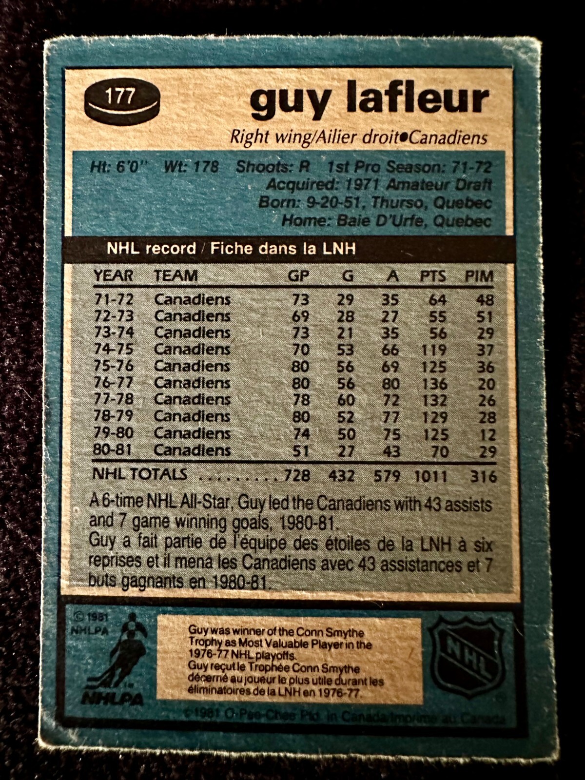 1981 O PEE CHEE GUY LAFLEUR MONTREAL CANADIENS 177 HOCKEY TRADING CARD