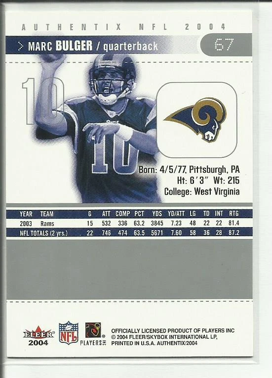 2004 Fleer Authentix #67 Marc Bulger St. Louis Rams - Image 2 of 2