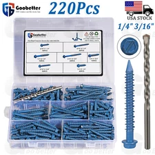 220Pcs Hex Washer Head 1/4" 3/16" Concrete Masonry Screws Tapcon Anchor & Bit