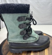 SOREL Boots Women's Size 6 Kaufman Wool Insert Green Leather Made In Canada