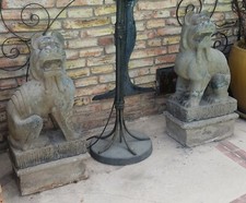 Pair Large Antique Finely Hand Carved Black Marble Foo Dogs With Pedestals