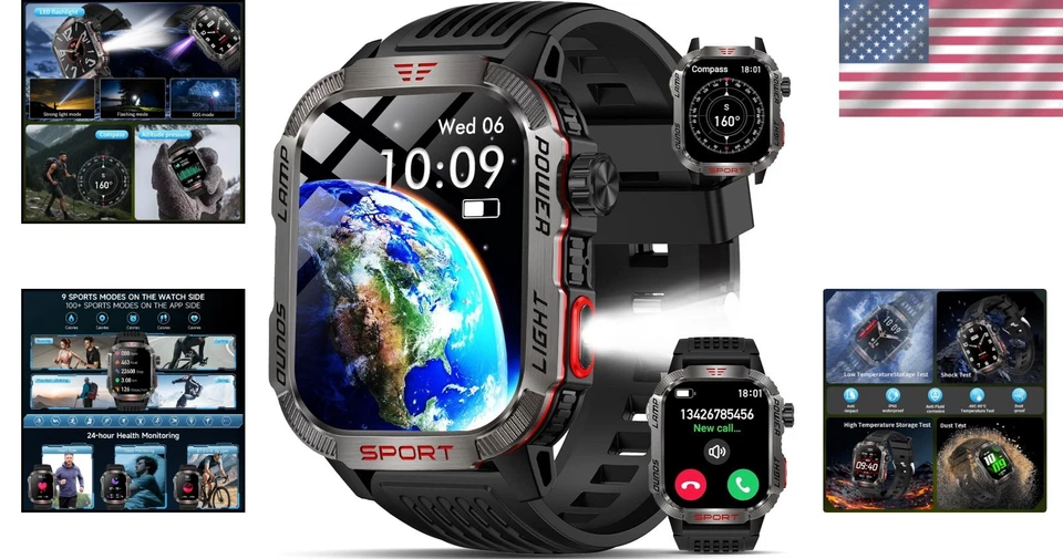 Reloj inteligente de aventura al aire libre para hombre - Brújula, linterna y soporte Bluetooth Foto 2 de 4