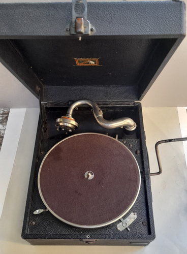 Antiguo gramófono portátil His Master Voice velocidad manivela 78 - Imagen 7 de 22