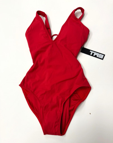 TA3 PLUNGEY ONE PIECE SWIMSUIT RED SWIM V SHAPING PADDED SIZE LARGE L SHORT NEW