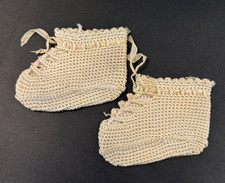 VTG Handmade Crochet Baby Booties Ivory with Pink Trim